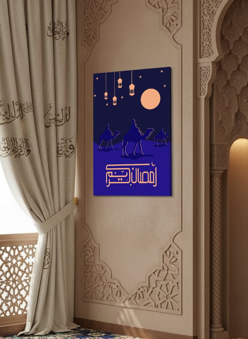 لوحة كانفاس على إطار خشبي بتصميم رمضان كريم مع جمال وفوانيس رمضان - Image 1